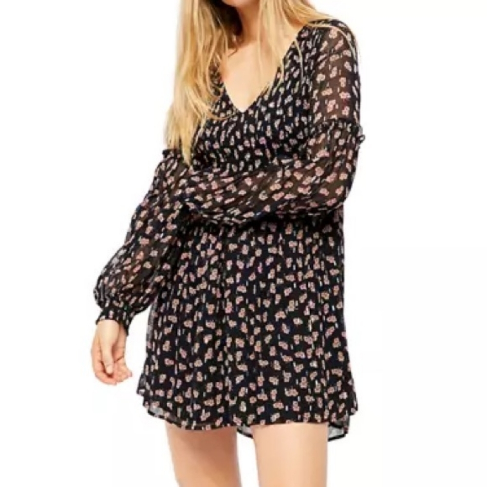 Free People Maria Smocked Floral Mini Dress in Midnight Combo